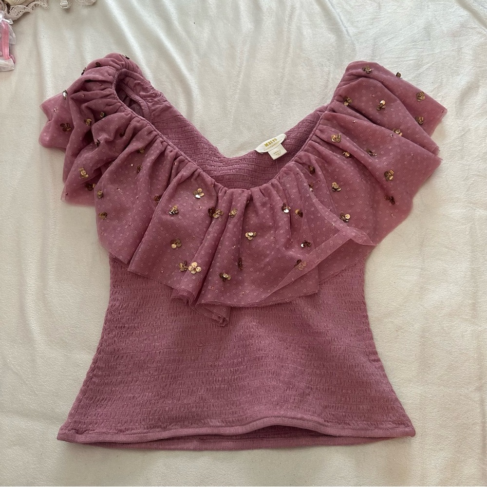 Anthropologie Mauve Ruffled Textured sequin Blouse 51422 - Picture 4 of 12